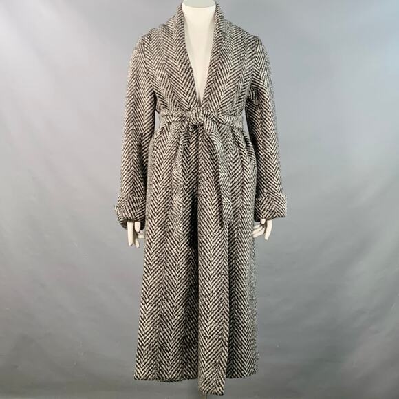 HERNO Size XL Black White Virgin Wool Blend Herringbone Belted Robe Coat - Picture 1 of 9
